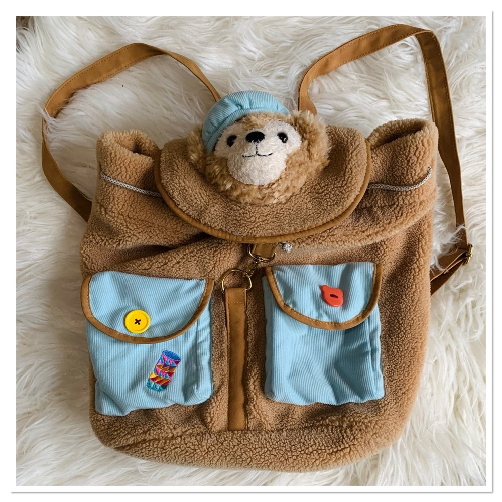 Disney Shanghai Resort Duffy The Bear Sherpa Backpack Bag Brown Blue One Size
